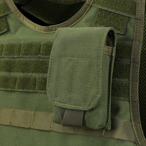 Close-up of the Condor Tech Sheath | SALE, a green tactical vest with a front pouch, visible stitching, velcro, and webbing—perfect for law enforcement or first responders.